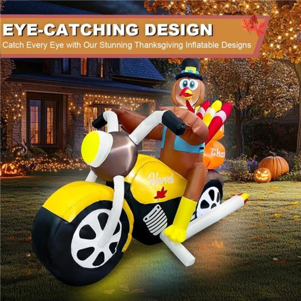 7FT Length Thanksgiving Inflatable Turkey Riding Motorcycle Decorations LED - Picture 4 of 7